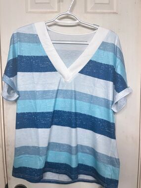 Old Navy Striped V-Neck Tee in Navy and Light Blue
